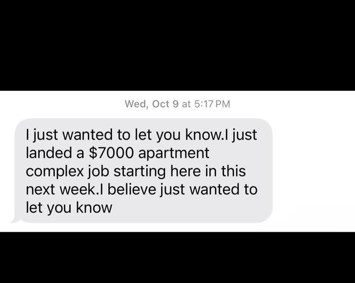 Text message testimonial: student landed a $7,000 apartment complex job