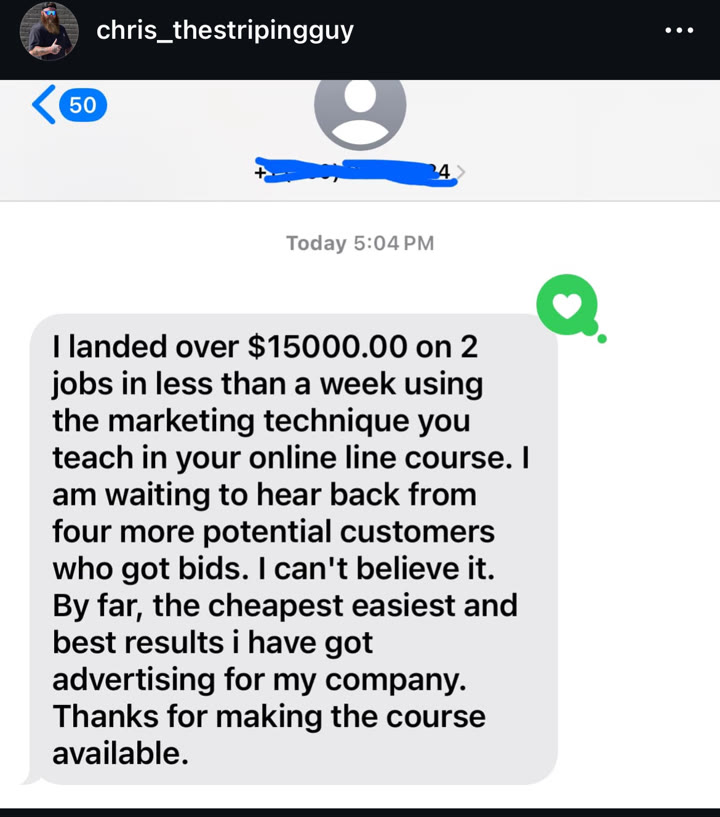 Instagram DM testimonial: student landed $15,000 on two jobs in under a week using the marketing course