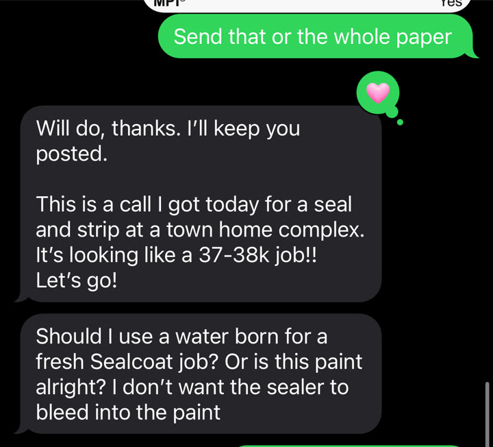 Text message testimonial: student quoting a 37 to 38 thousand dollar town home complex job